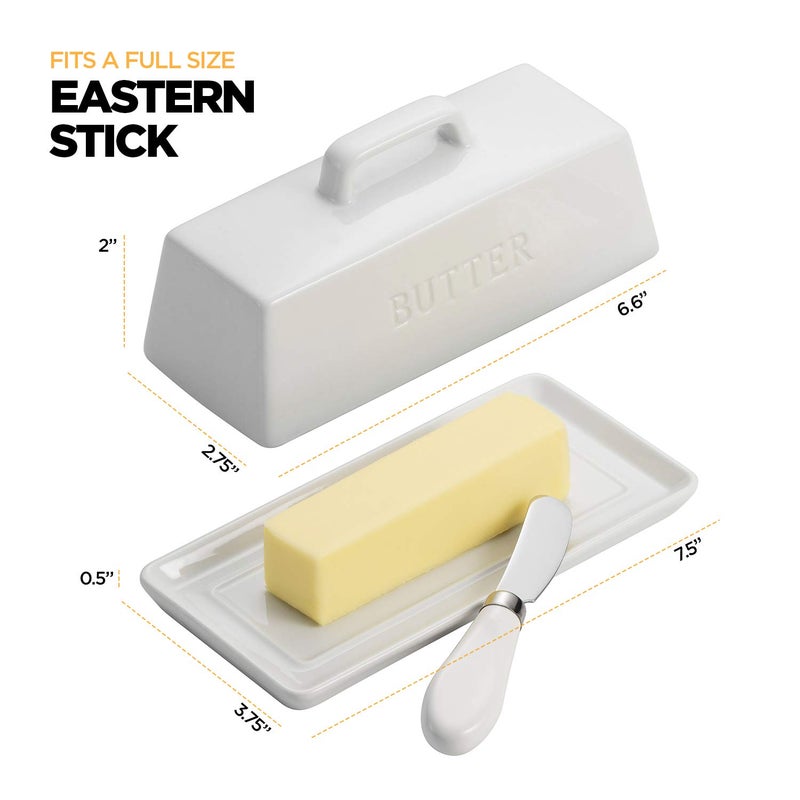 Smart House Inc Ceramic Butter Dish Set With Lid And Knife - [White]- Decorative Butter Stick Holder With Handle For 1 Stick Of Butter - Microwave Safe  Dishwasher Safe - Anti-Scratch Stickers Included - Image 4