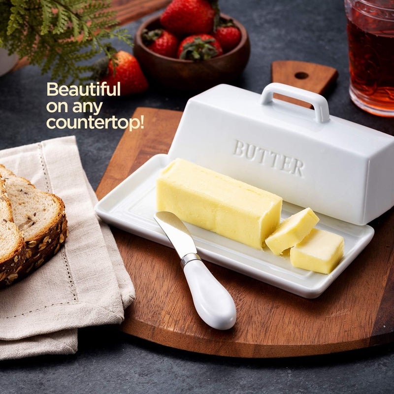 Smart House Inc Ceramic Butter Dish Set With Lid And Knife - [White]- Decorative Butter Stick Holder With Handle For 1 Stick Of Butter - Microwave Safe  Dishwasher Safe - Anti-Scratch Stickers Included - Image 3