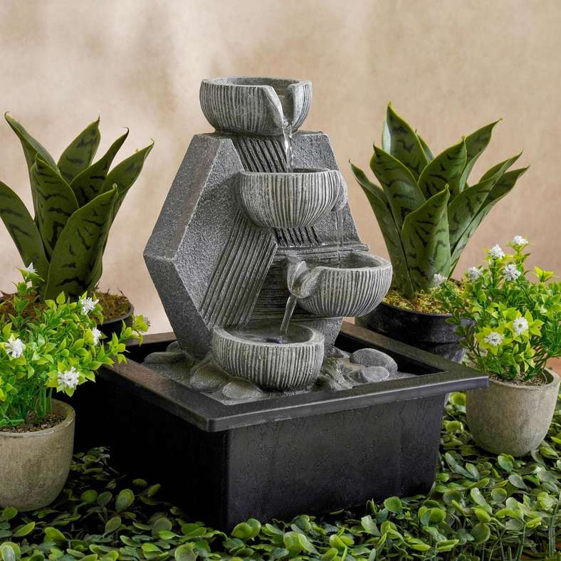 Pan Home نافورة طاولة من بولي ريزين رمادية مع ضوء