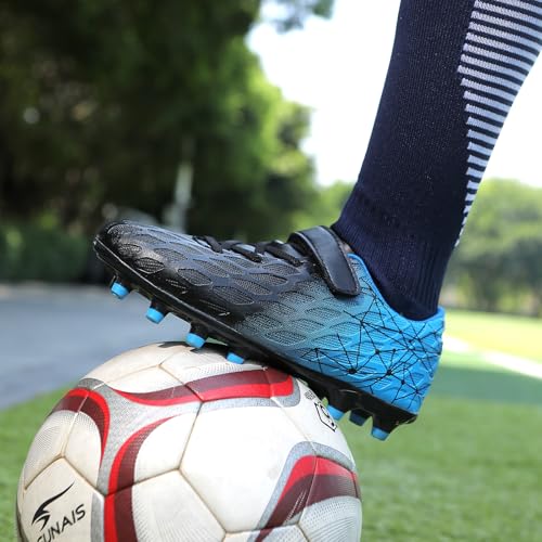 Skerxut Soccer Cleats, Kids Firm Ground Football Shoes, Boys Girls Athletic Outdoor (Black/Blue, Big Kid, 1.5, Numeric, US Footwear Size System, Medium) - Image 2