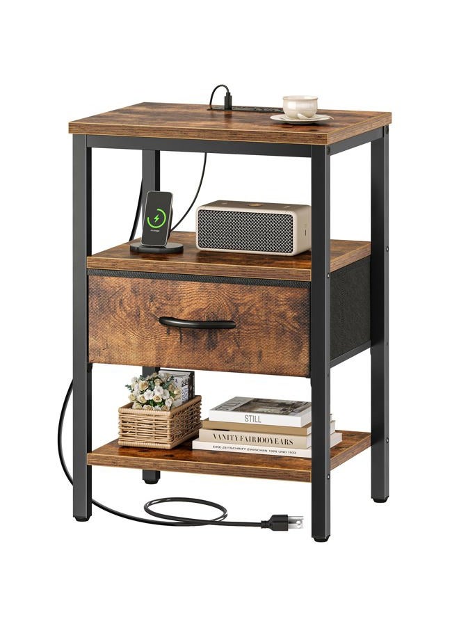 SUPERJARE Nightstand with Charging Station, Bed Side Table with Adjustable Fabric Drawer, Night Stand for Bedroom, 3-Tier Storage End Table, for Living Room, Rustic Brown - Image 1