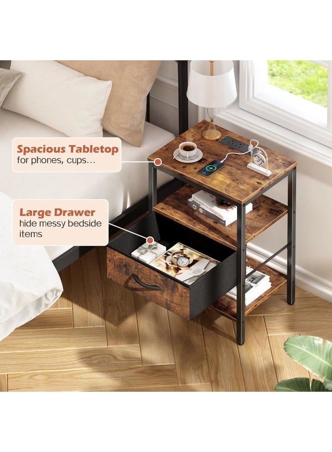 SUPERJARE Nightstand with Charging Station, Bed Side Table with Adjustable Fabric Drawer, Night Stand for Bedroom, 3-Tier Storage End Table, for Living Room, Rustic Brown - Image 5