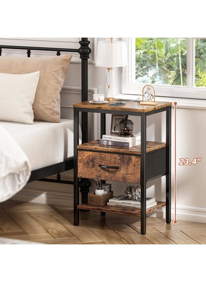 SUPERJARE Nightstand with Charging Station, Bed Side Table with Adjustable Fabric Drawer, Night Stand for Bedroom, 3-Tier Storage End Table, for Living Room, Rustic Brown - Image 2
