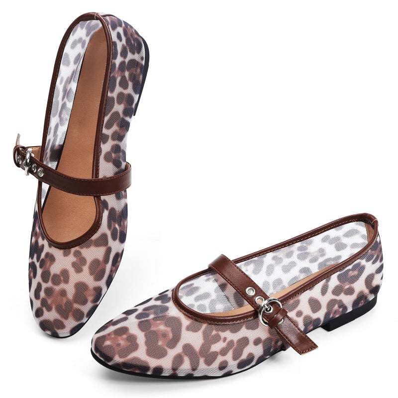 StillFancxy Leopard Flats for Women Mesh Ballet Flats Mary Jane Animal Print Shoes Slip On Casual Breathable Ballerina Flats - Image 1