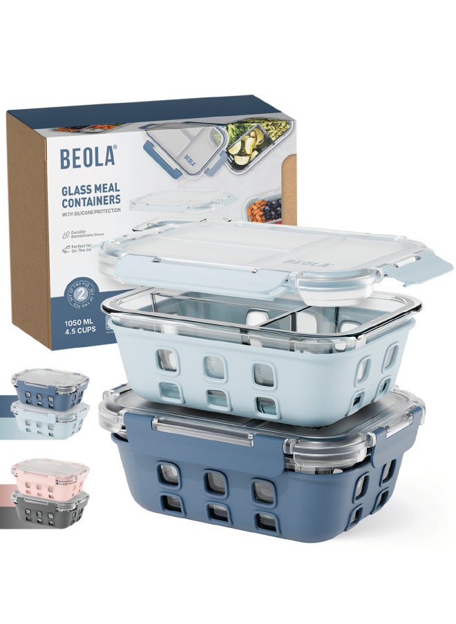 BEOLA Set of 2, Glass Food Storage Container with Airtight Lid and Silicone Protection Sleeve, Individually Sealed 3 Section Meal Prep Container, Freezer, Dishwasher, Microwave Safe (Blue/Ice Blue) 