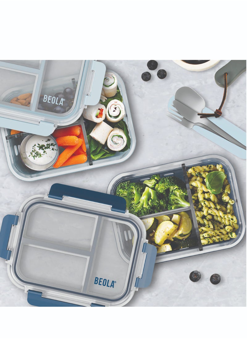 BEOLA Set of 2, Glass Food Storage Container with Airtight Lid and Silicone Protection Sleeve, Individually Sealed 3 Section Meal Prep Container, Freezer, Dishwasher, Microwave Safe (Blue/Ice Blue)  - Image 4