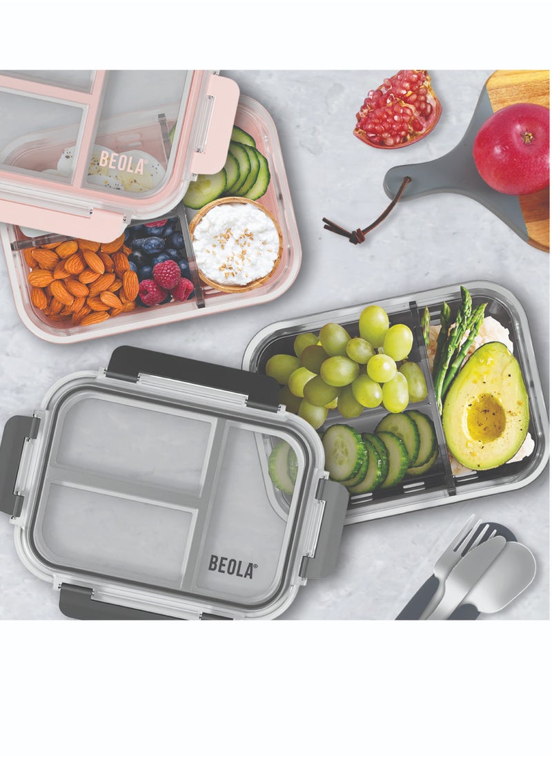 BEOLA Set of 2, Glass Food Storage Container with Airtight Lid and Silicone Protection Sleeve, Individually Sealed 3 Section Meal Prep Container, Freezer, Dishwasher, Microwave Safe (Blue/Ice Blue)  - Image 5