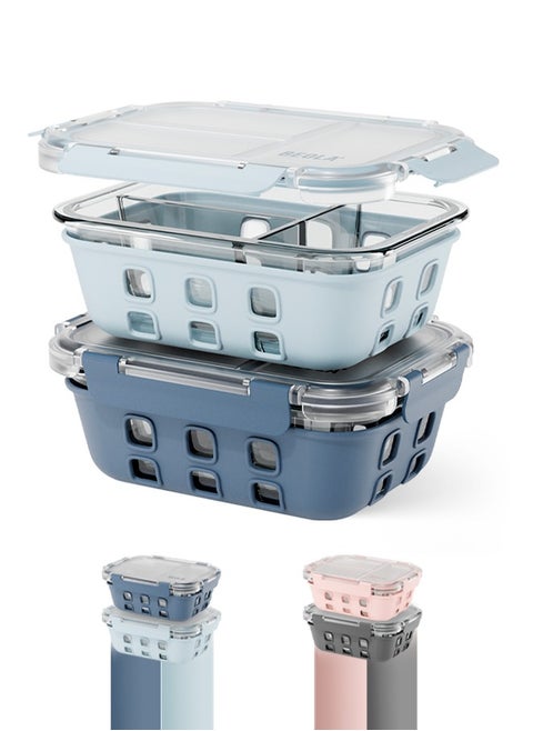 Set of 2, Glass Food Storage Container with Airtight Lid and Silicone Protection Sleeve, Individually Sealed 3 Section Meal Prep Container, Freezer, Dishwasher, Microwave Safe (Blue/Ice Blue)