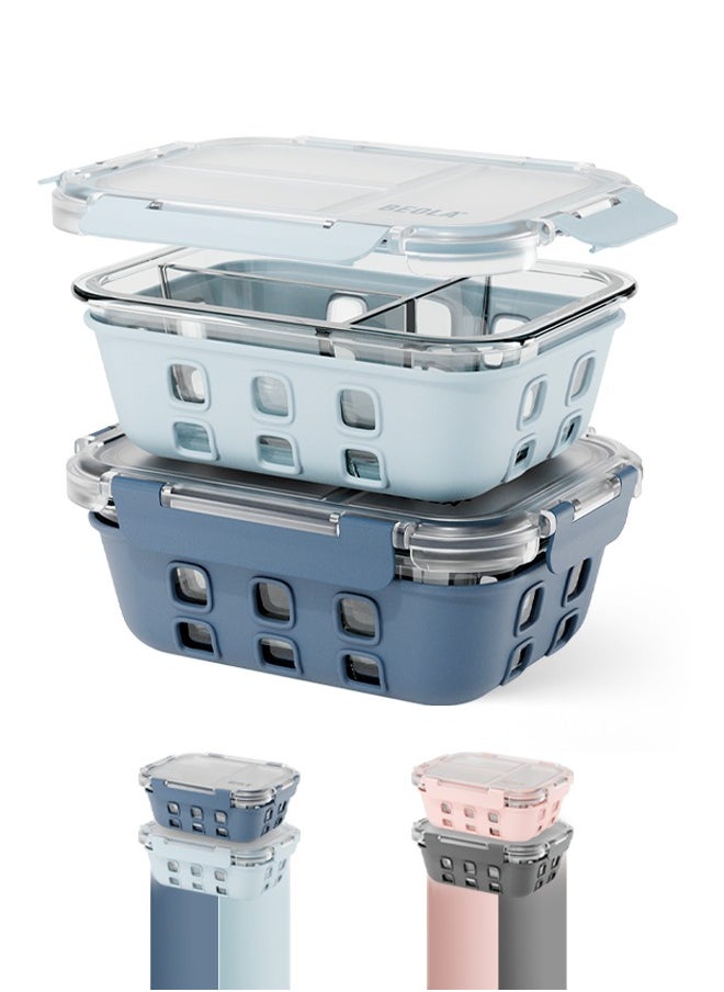 BEOLA Set of 2, Glass Food Storage Container with Airtight Lid and Silicone Protection Sleeve, Individually Sealed 3 Section Meal Prep Container, Freezer, Dishwasher, Microwave Safe (Blue/Ice Blue)  - Image 1