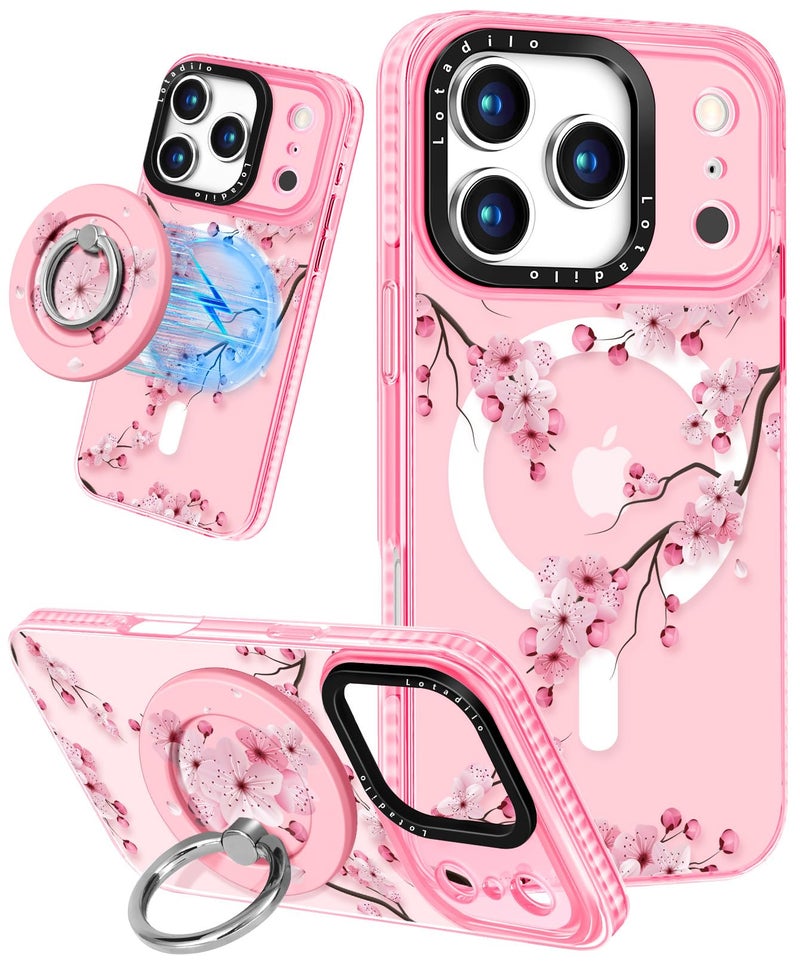 Lotadilo Case for iPhone 17 Pro Max Case Compatible with Magsafe Ring Holder Stand - for Women Peach Blossom Design TPU Phone Cover for Girls Girly Funny Fashion - Image 1