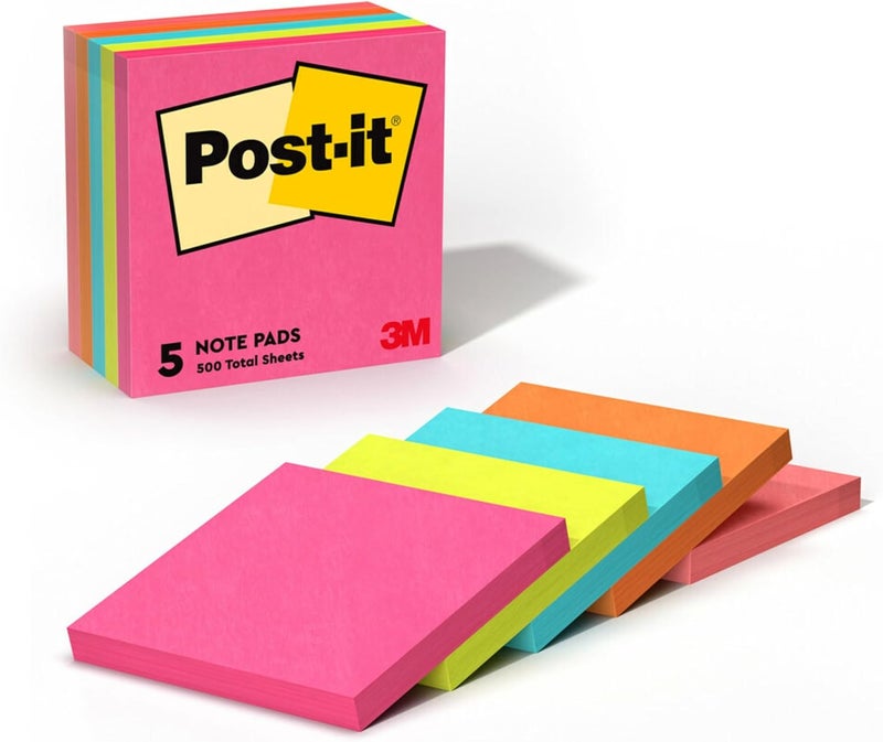 Post-it Notes Neon Colors 654-5PK3, 3 x 3 in, 5 Pads/Pack, Assorted Colors - Image 1