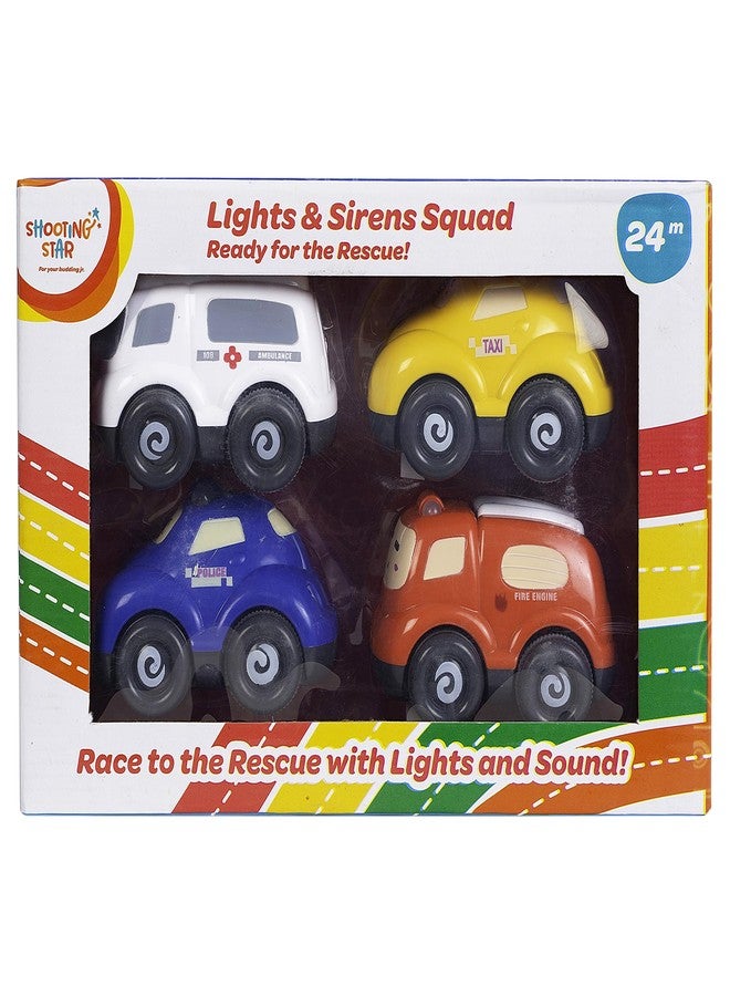 Shooting Star Light & Siren Vehicle Toys for Kids, Friction Powered Running Cars Pack of 4, 24M+ - Image 1