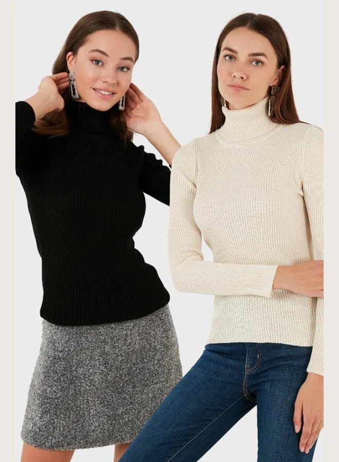 ليلا كنزة نسائية بياقة عالية مضلعة قطعتين