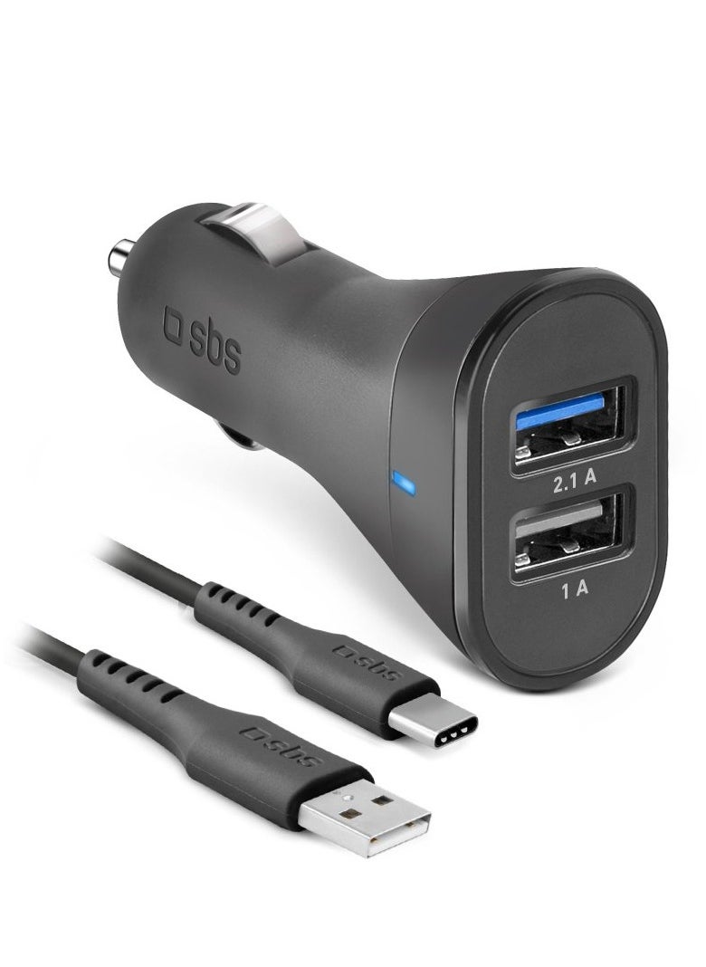 SBS SBS Car Charger Kit 10W with 2 USB Outputs 2.1A and 1A, Intelligent Charge, Cable for Charging and Data Transfer Type C  - Image 1