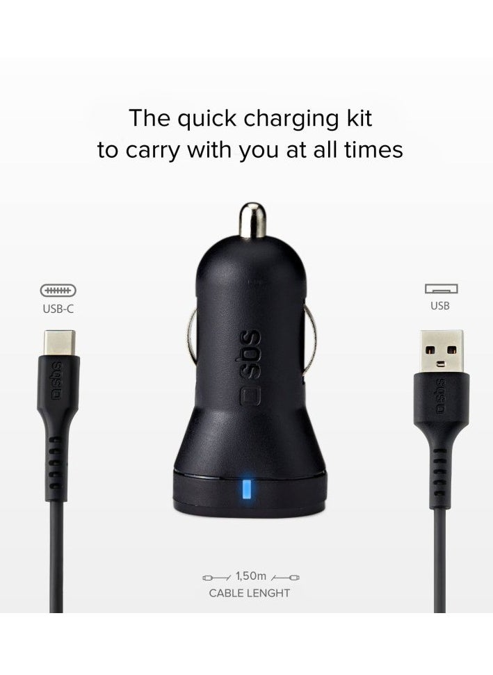 SBS SBS Car Charger Kit 10W with 2 USB Outputs 2.1A and 1A, Intelligent Charge, Cable for Charging and Data Transfer Type C  - Image 2