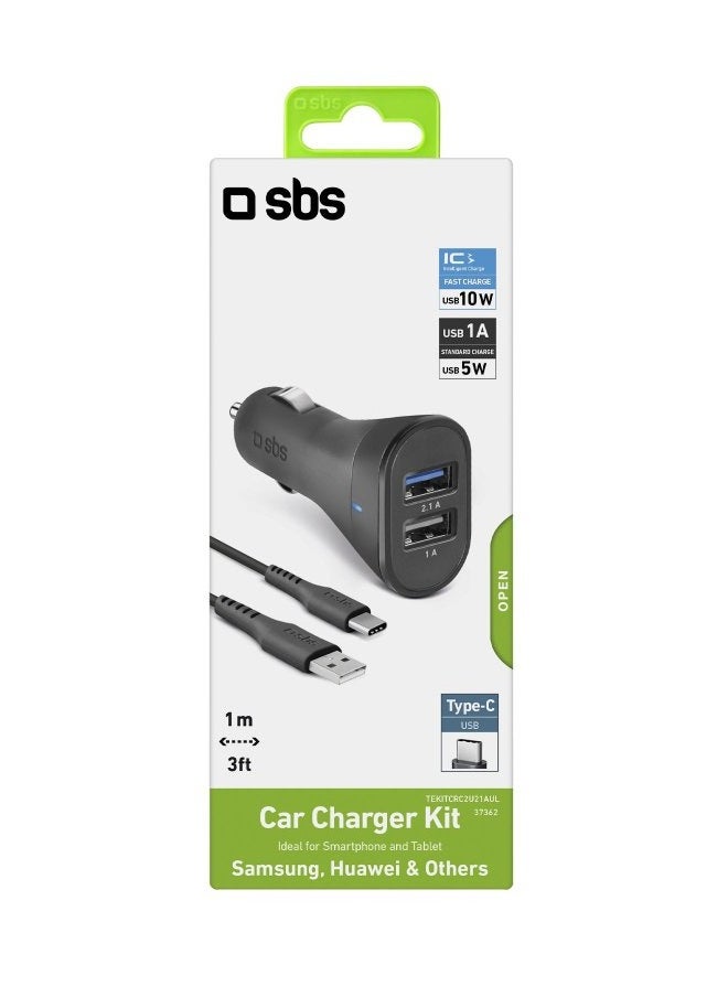 SBS - SBS Car Charger Kit 10W with 2 USB Outputs 2.1A and 1A, Intelligent Charge, Cable for Charging and Data Transfer Type C - Image 1
