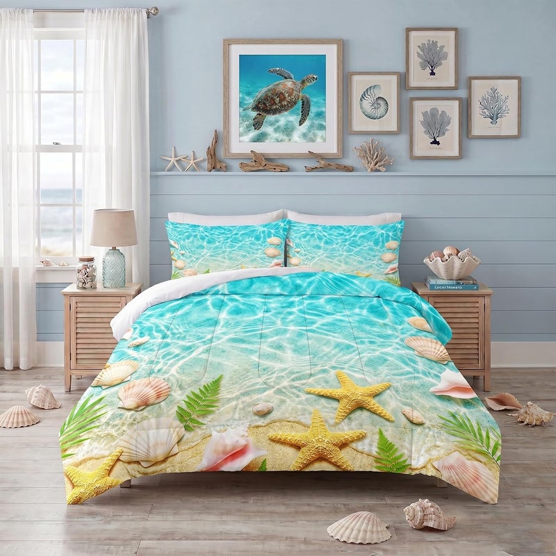 FUYEUN Beach Ocean Bedding Set for Kids Twin Seashell Starfish Comforter Set for Boys Girls Bedroom Quilt Bed Set 1 Comforter 1 Pillowcase - Image 3