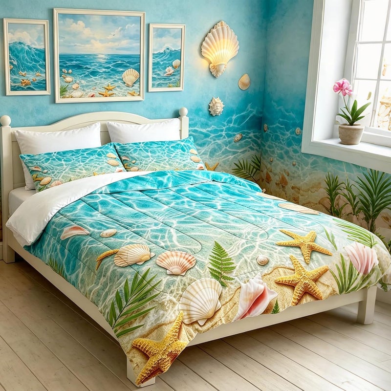 FUYEUN Beach Ocean Bedding Set for Kids Twin Seashell Starfish Comforter Set for Boys Girls Bedroom Quilt Bed Set 1 Comforter 1 Pillowcase - Image 4