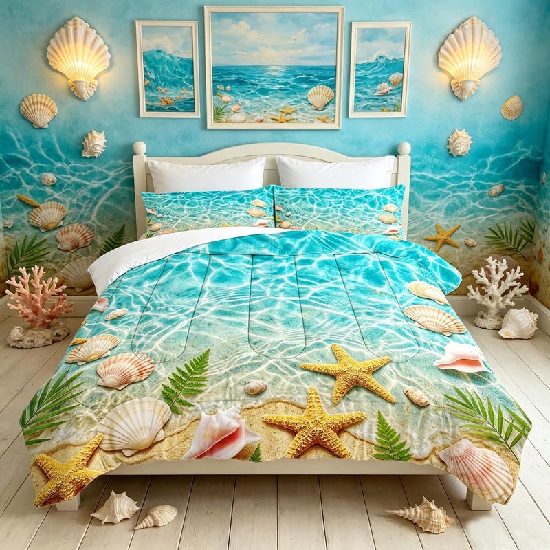 FUYEUN Beach Ocean Bedding Set for Kids Twin Seashell Starfish Comforter Set for Boys Girls Bedroom Quilt Bed Set 1 Comforter 1 Pillowcase - Image 1