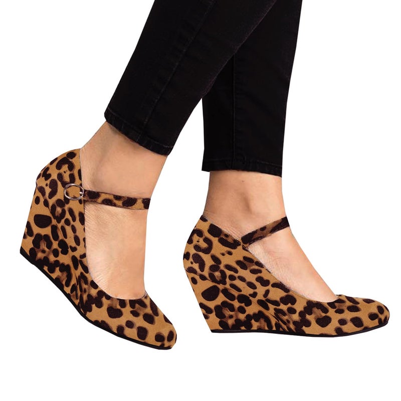 Coutgo Womens Wedge Pumps Dressy Mary Jane Shoes Comfort Wedges Closed Toe Ankle Strap Heeled Shoes Leopard - Image 4