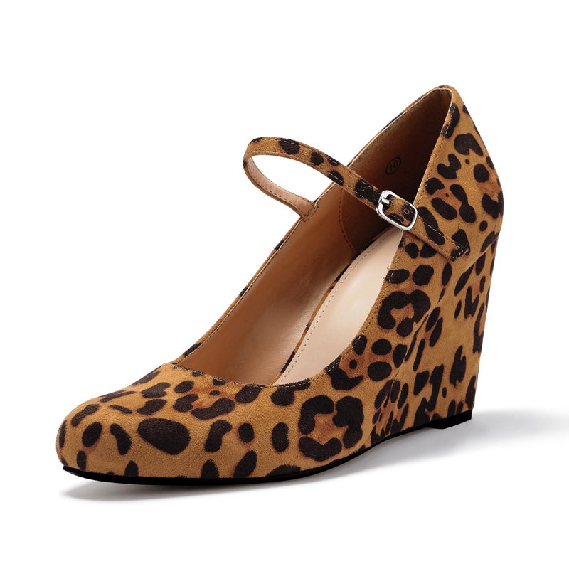 Coutgo Womens Wedge Pumps Dressy Mary Jane Shoes Comfort Wedges Closed Toe Ankle Strap Heeled Shoes Leopard - Image 3