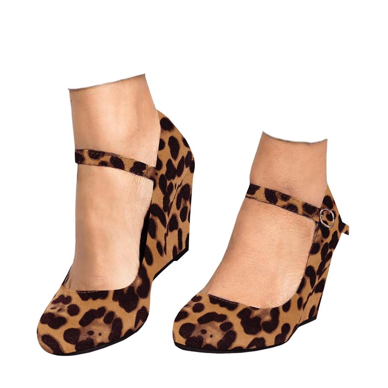 Coutgo Womens Wedge Pumps Dressy Mary Jane Shoes Comfort Wedges Closed Toe Ankle Strap Heeled Shoes Leopard - Image 1