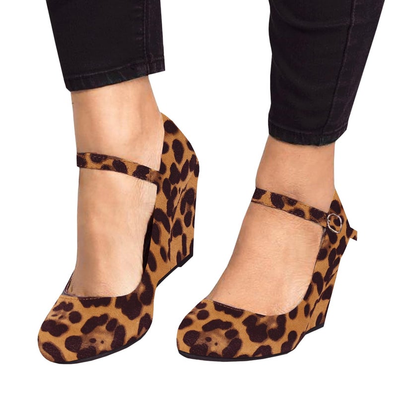 Coutgo Womens Wedge Pumps Dressy Mary Jane Shoes Comfort Wedges Closed Toe Ankle Strap Heeled Shoes Leopard - Image 2