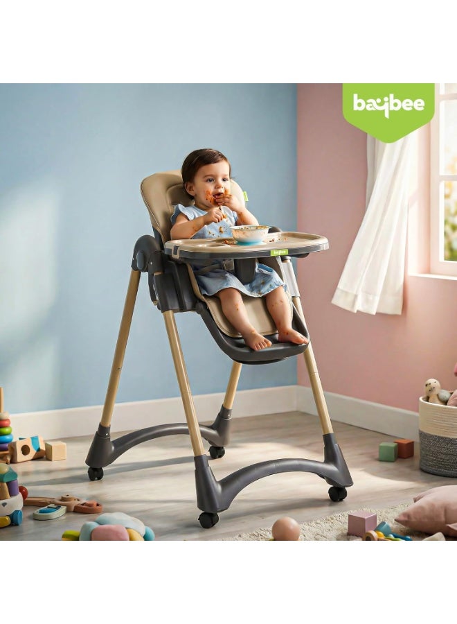 BAYBEE Premium Foldable 4 in 1 Kids High Chair for Baby with 6 Level Height Adjustable, Baby Feeding Chair with 3 Position Recline & Adjustable Footrest, 5 Point Safety Belt, |  Baby High Chair for Kids with Removeable Food Tray & Lockable Wheels Beige - Image 2