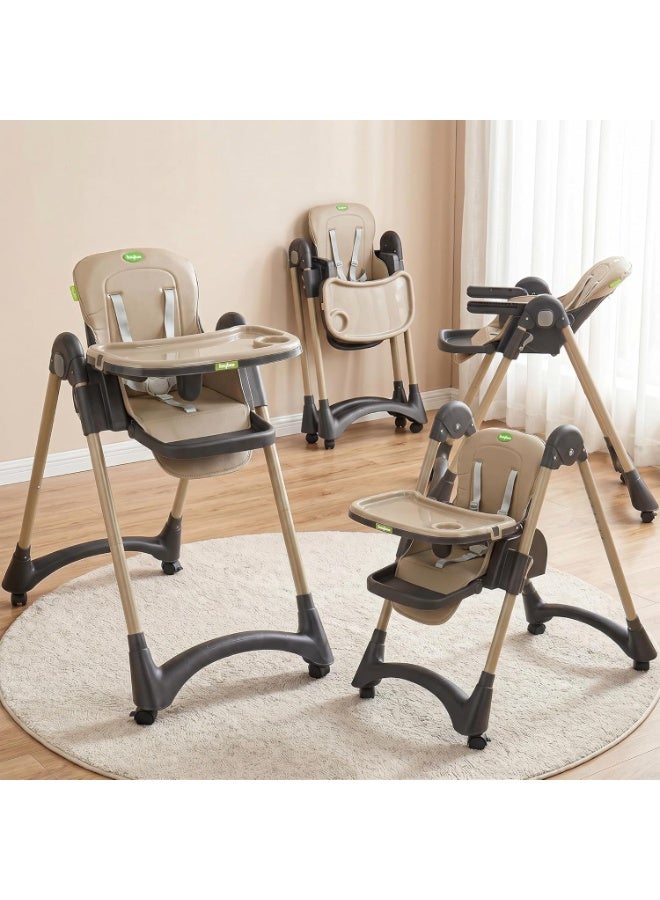 BAYBEE Premium Foldable 4 in 1 Kids High Chair for Baby with 6 Level Height Adjustable, Baby Feeding Chair with 3 Position Recline & Adjustable Footrest, 5 Point Safety Belt, |  Baby High Chair for Kids with Removeable Food Tray & Lockable Wheels Beige - Image 1