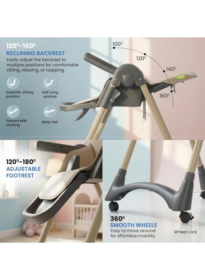 BAYBEE Premium Foldable 4 in 1 Kids High Chair for Baby with 6 Level Height Adjustable, Baby Feeding Chair with 3 Position Recline & Adjustable Footrest, 5 Point Safety Belt, |  Baby High Chair for Kids with Removeable Food Tray & Lockable Wheels Beige - Image 4