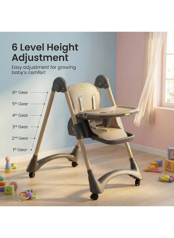 BAYBEE Premium Foldable 4 in 1 Kids High Chair for Baby with 6 Level Height Adjustable, Baby Feeding Chair with 3 Position Recline & Adjustable Footrest, 5 Point Safety Belt, |  Baby High Chair for Kids with Removeable Food Tray & Lockable Wheels Beige - Image 3