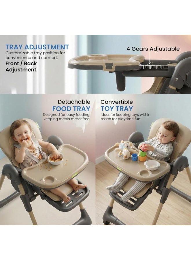 BAYBEE Premium Foldable 4 in 1 Kids High Chair for Baby with 6 Level Height Adjustable, Baby Feeding Chair with 3 Position Recline & Adjustable Footrest, 5 Point Safety Belt, |  Baby High Chair for Kids with Removeable Food Tray & Lockable Wheels Beige - Image 5