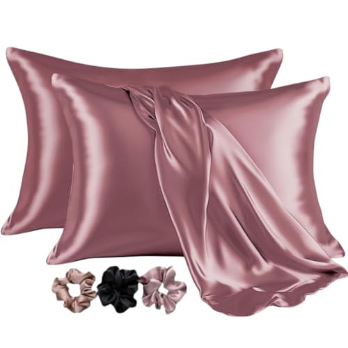 Go Well Satin Silk Pillow Cover for Hair and Skin 2 Piece with 3 Piece Satin Scrunchies for Women Stylish Silk Pillow Covers with Envelope Closure end Design|Silk Pillow Cases(Rosegold) 600 TC - Image 1