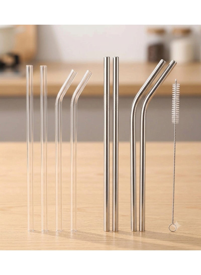 8-Piece Reusable Drinking Straw Set, 4 Glass Straws & 4 Stainless Steel 304 Straws with 2 Cleaning Brushes, Straight and Bent, for Hot and Cold Drinks - Image 1