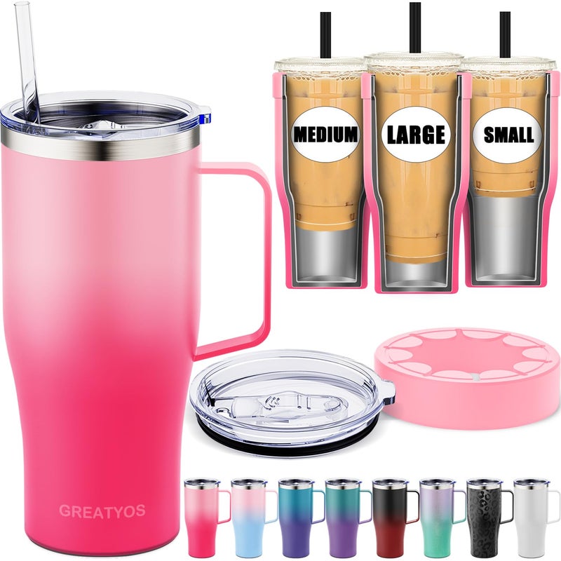 Greatyos Universal Iced Coffee Sleeve with Handle - Insulated Double Wall Reusable Stainless Steel Holder Insulator for Cold Drinks Fits Small Medium Large To Go Cups Gifts for Men Women Him Her (Sakura) - Image 1