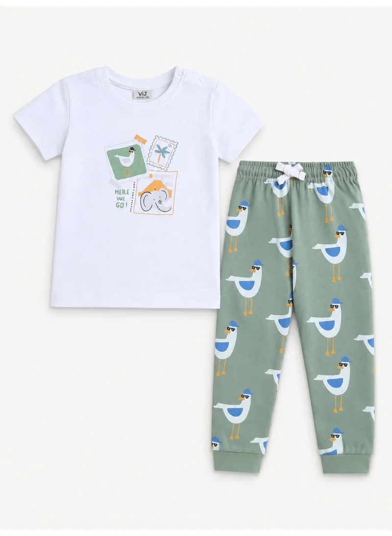 فكتور اند جين Infant Boys Bird Graphic Cotton Pajama Set – T-Shirt & Pajama Pants Nightwear