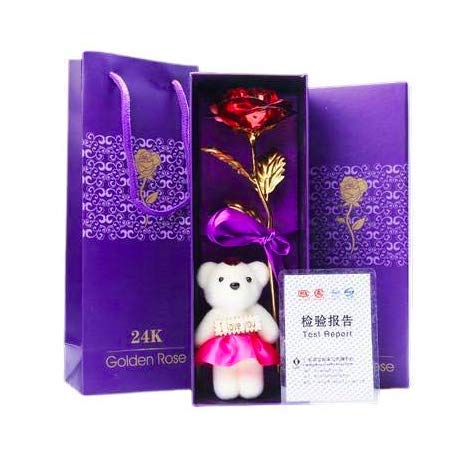 A ONE CREATIONS Artificial Flower Rose with Teddy Bear and Carry Bag (Red, Golden) - Image 1