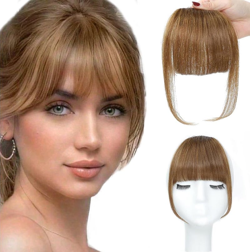 ORIGEN Clip in Bangs Real Human Hair Clip on Wispy Bangs Fringe with Temples Hairpieces Fake Front Bangs Extensions for Women Light Brown Color - Image 1