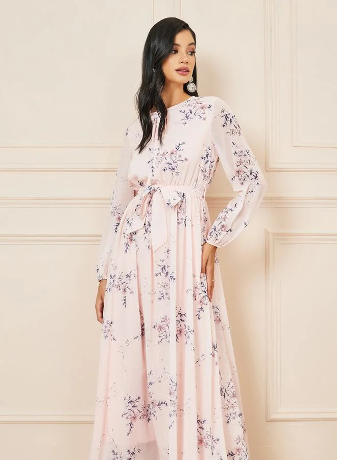 Styli Floral AOP A-Line Maxi Dress with Self Tie Up