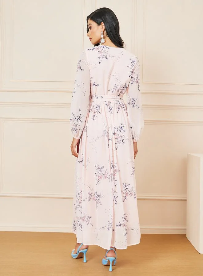 Styli Floral AOP A-Line Maxi Dress with Self Tie Up