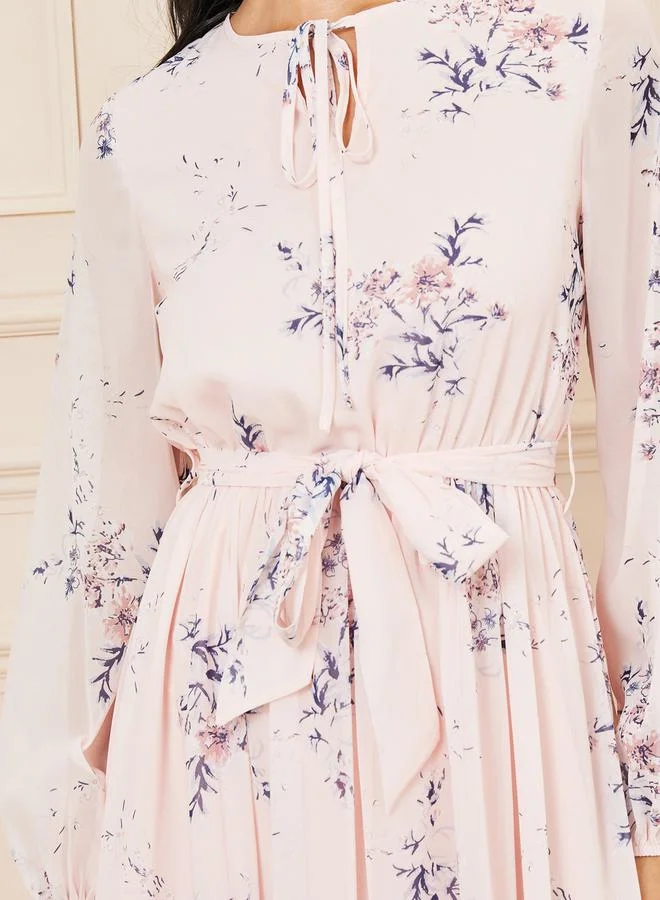 Styli Floral AOP A-Line Maxi Dress with Self Tie Up