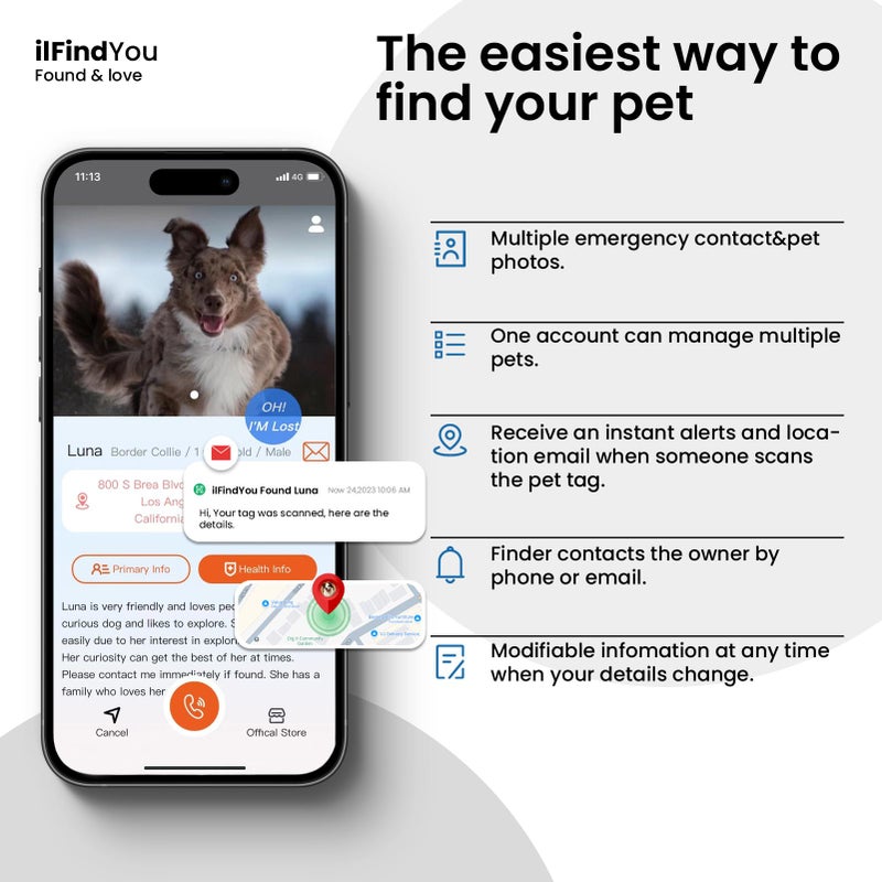 ILFINDYOU علامات تعريف الكلاب الشخصية ilFindYou، علامات تعريف QR كود لطوق الكلب، ملف شخصي على الإنترنت، تنبيهات موقع المسح، أسود - Image 4