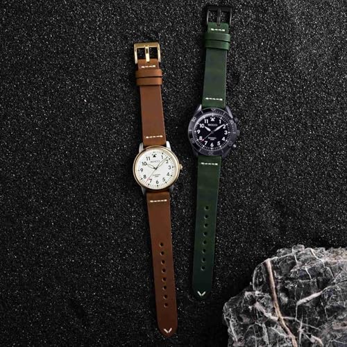 WOCCI 22mm Old-fashioned Watch Band for Men, Top Grain Leather, Black Matte Buckle (Army Green) - Image 2
