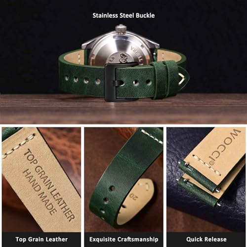 WOCCI 22mm Old-fashioned Watch Band for Men, Top Grain Leather, Black Matte Buckle (Army Green) - Image 3