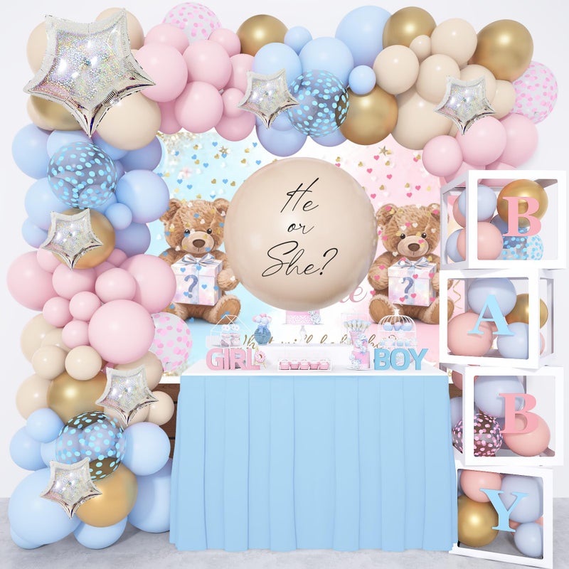 Amandir 164PCS Gender Reveal Balloon Boxes Decorations, Pink and Blue Balloon Garland Kit 4pcs Boxes with Letters (A-Z+Baby) for Baby Shower Birthday He or She Gender Reveal Party Supplies - Image 1