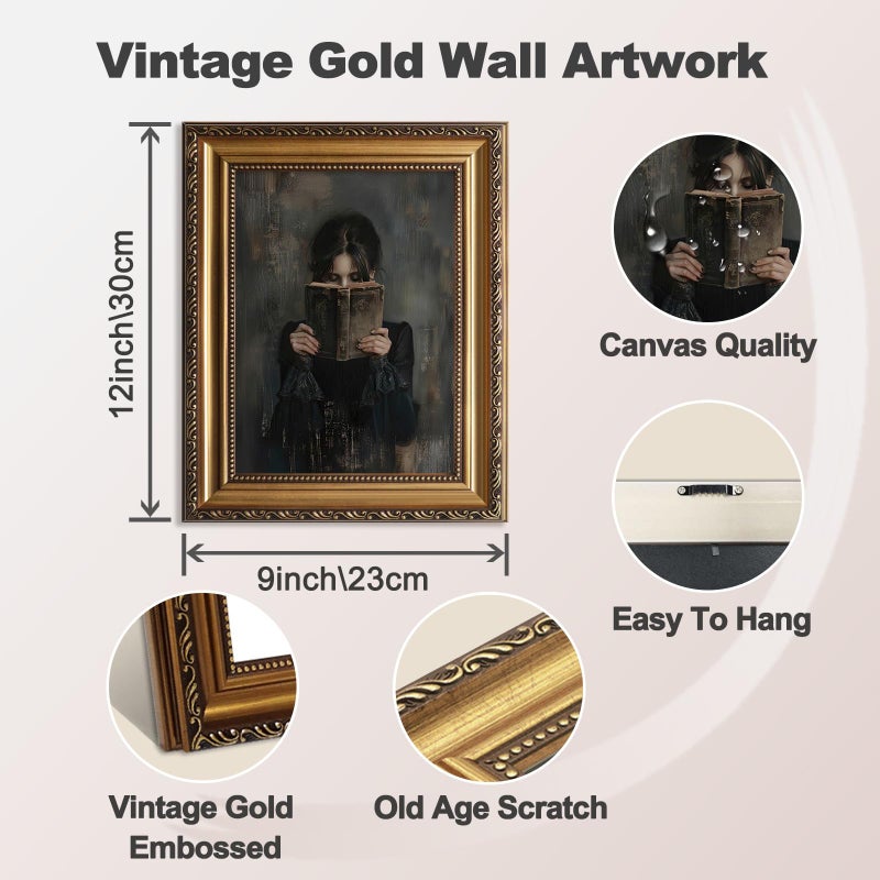 ASTRDECOR Gold Framed Canvas Wall Art Print, Victorian Woman Painting Picture, Vintage Portrait Oil Painting Wall Decor, Moody Reading Nook Painting for Bedroom Bathroom Wall Art, Dark Academia Decor 9''x12'' - Image 2