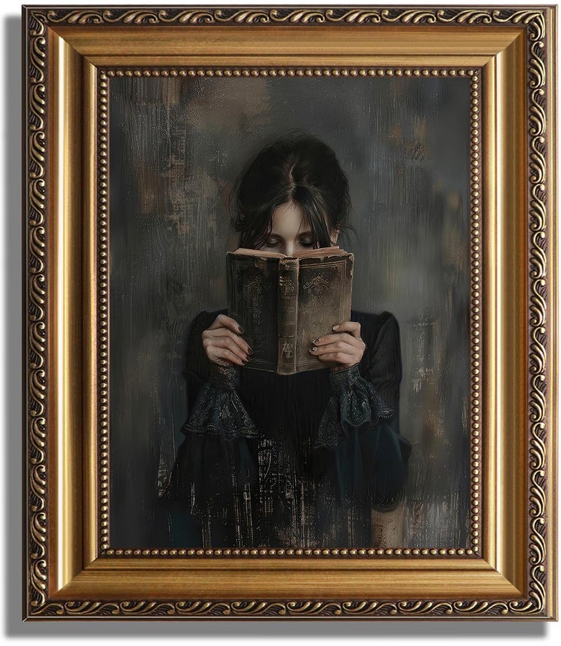ASTRDECOR Gold Framed Canvas Wall Art Print, Victorian Woman Painting Picture, Vintage Portrait Oil Painting Wall Decor, Moody Reading Nook Painting for Bedroom Bathroom Wall Art, Dark Academia Decor 9''x12'' - Image 1