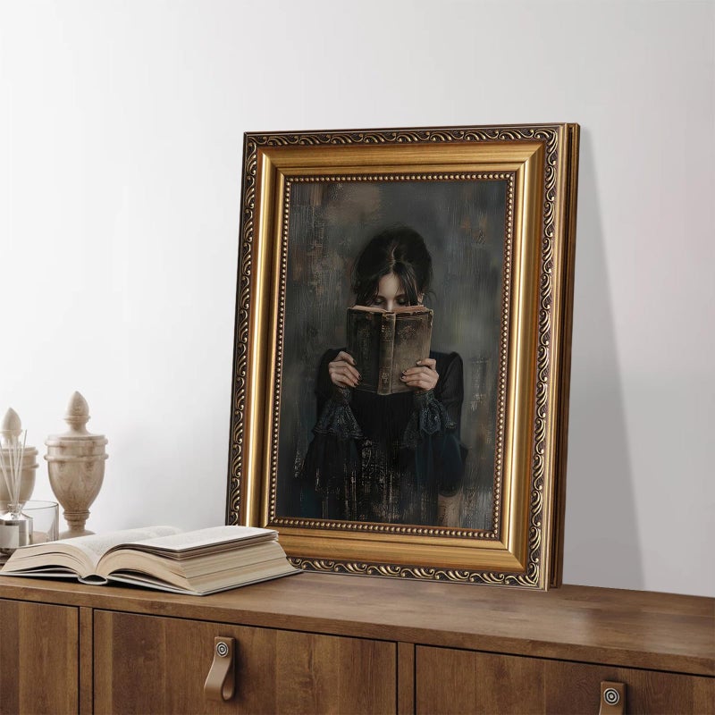 ASTRDECOR Gold Framed Canvas Wall Art Print, Victorian Woman Painting Picture, Vintage Portrait Oil Painting Wall Decor, Moody Reading Nook Painting for Bedroom Bathroom Wall Art, Dark Academia Decor 9''x12'' - Image 3