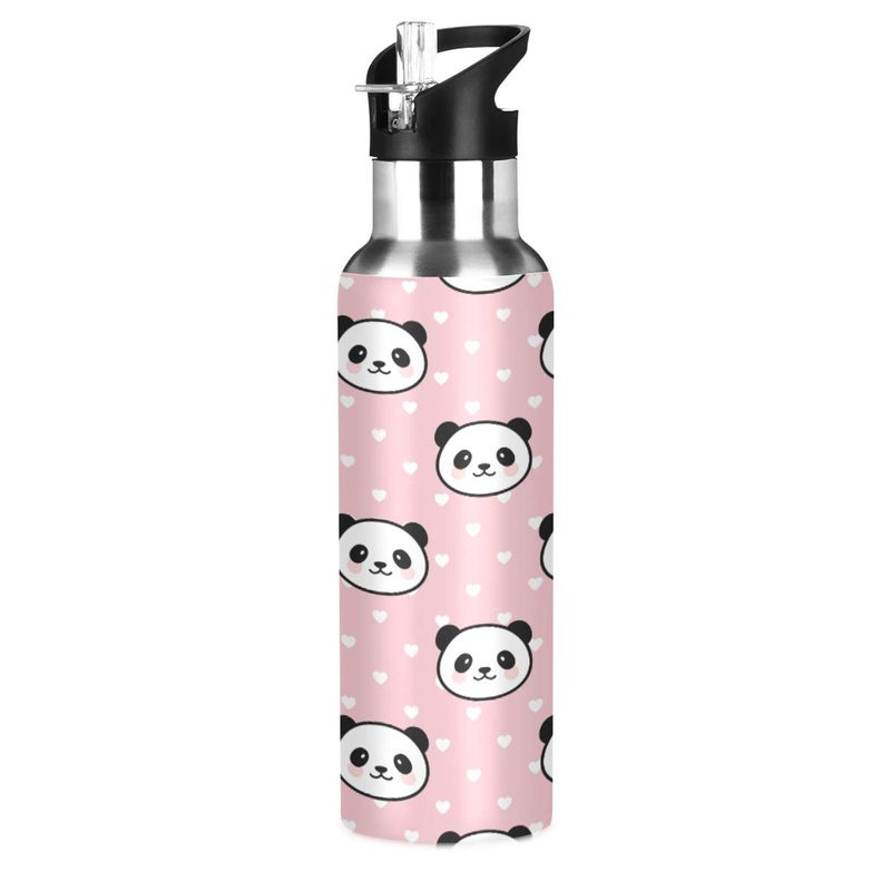 Panda Face Water Bottle Kids Stainless Steel Vacuum Insulated Water Flask Standard Mouth Bottle with Wide Handle