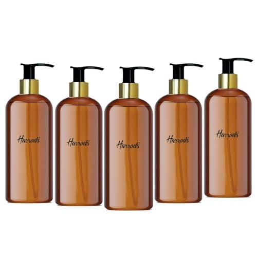 Harrods 5-Piece Empty Refillable Shampoo Pump Bottles | 500ml Plastic Soap Dispenser for Wash Basin, Handwash | BPA-Free, Durable Spray Bottles for Liquid Soap, Lotion, Conditioner (Amber) - Image 1